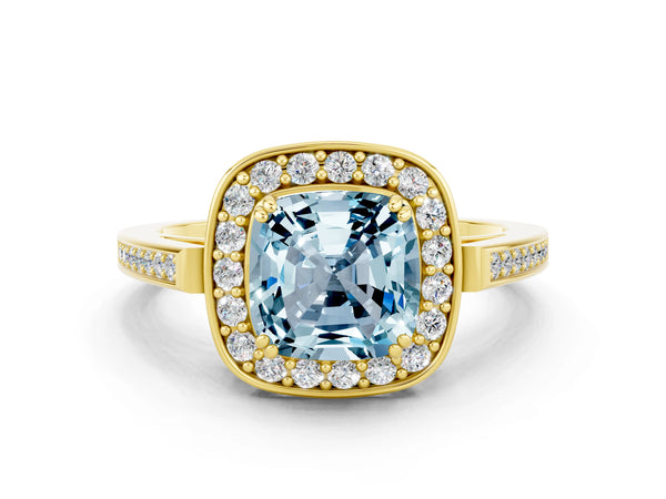Yellow gold Cushion Cut Aquamarine Halo Ring with Split Shank and Four-Prong Setting