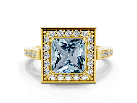 Yellow gold {shape_name} Aquamarine Halo Ring with Split Shank and Four-Prong Setting