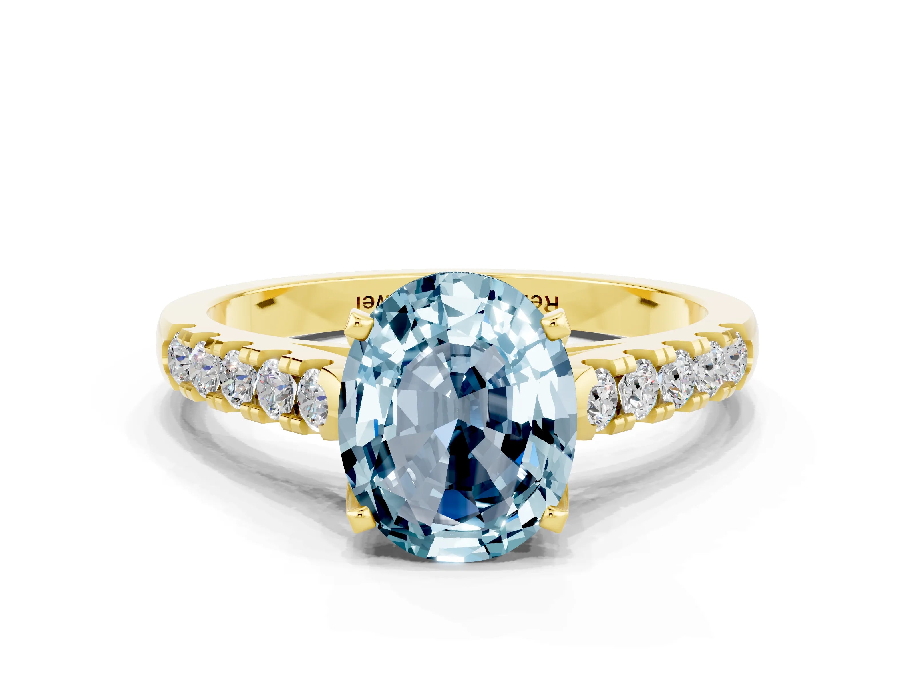 Yellow gold {shape_name} Aquamarine Solitaire Ring with Pavé Band and Four-Prong Setting
