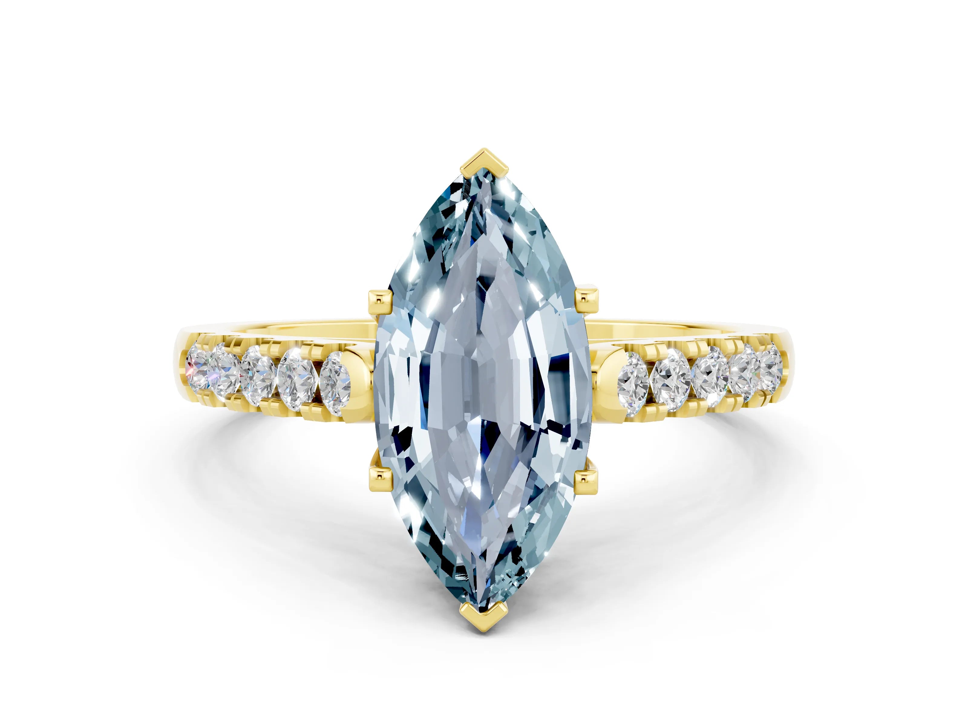 Yellow gold {shape_name} Aquamarine Solitaire Ring with Pavé Band and Four-Prong Setting