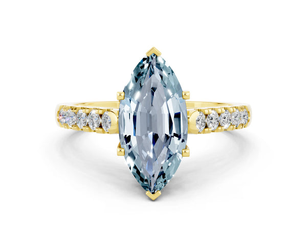 Yellow gold Marquise Cut Aquamarine Pavé Band Solitaire Ring with Prong Setting
