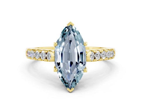 Yellow gold {shape_name} Aquamarine Solitaire Ring with Pavé Band and Four-Prong Setting