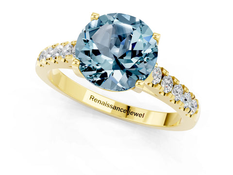 Yellow gold {shape_name} Aquamarine Solitaire Ring with Pavé Band and Four-Prong Setting_1