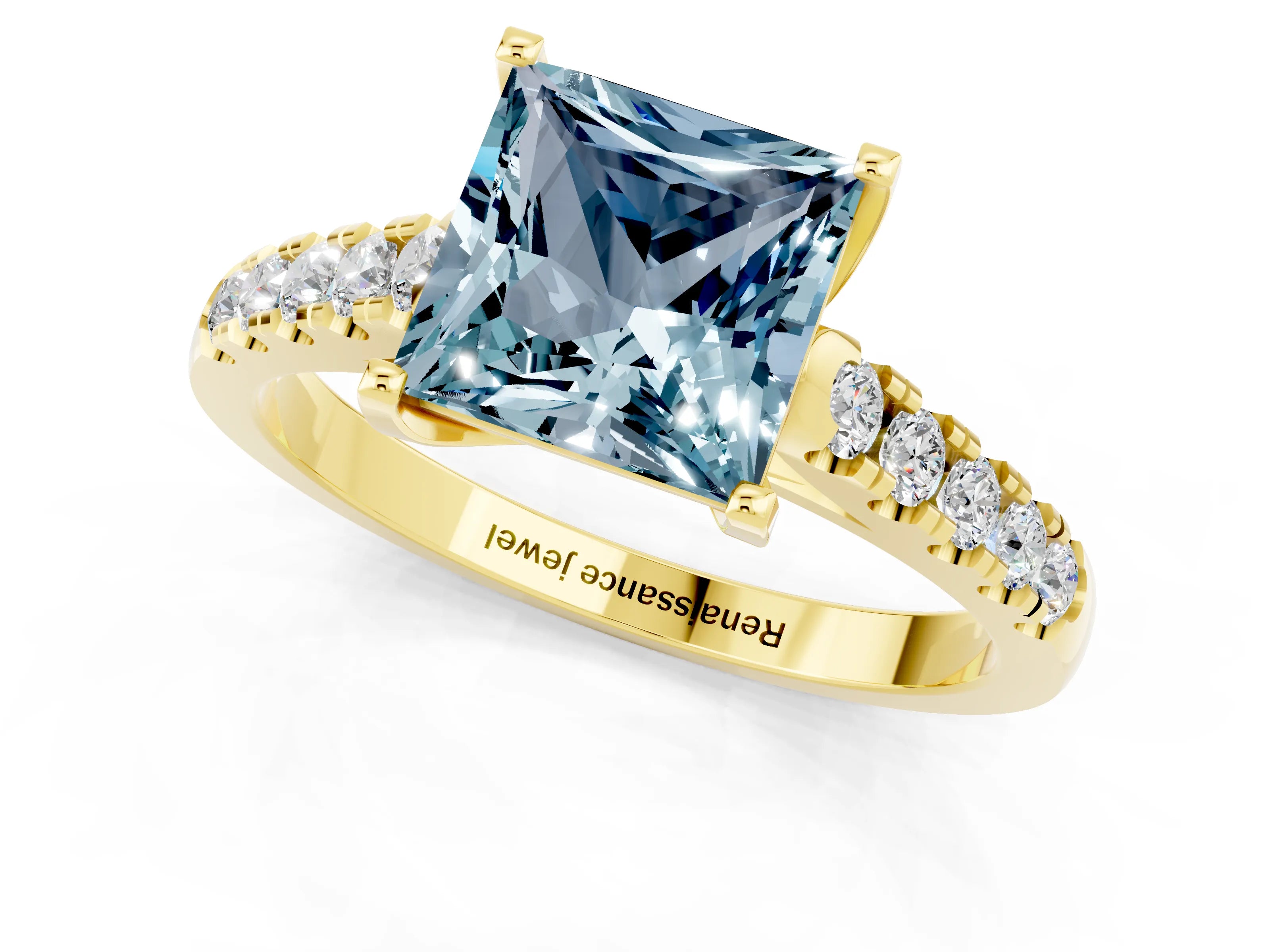 Yellow gold {shape_name} Aquamarine Solitaire Ring with Pavé Band and Four-Prong Setting_1