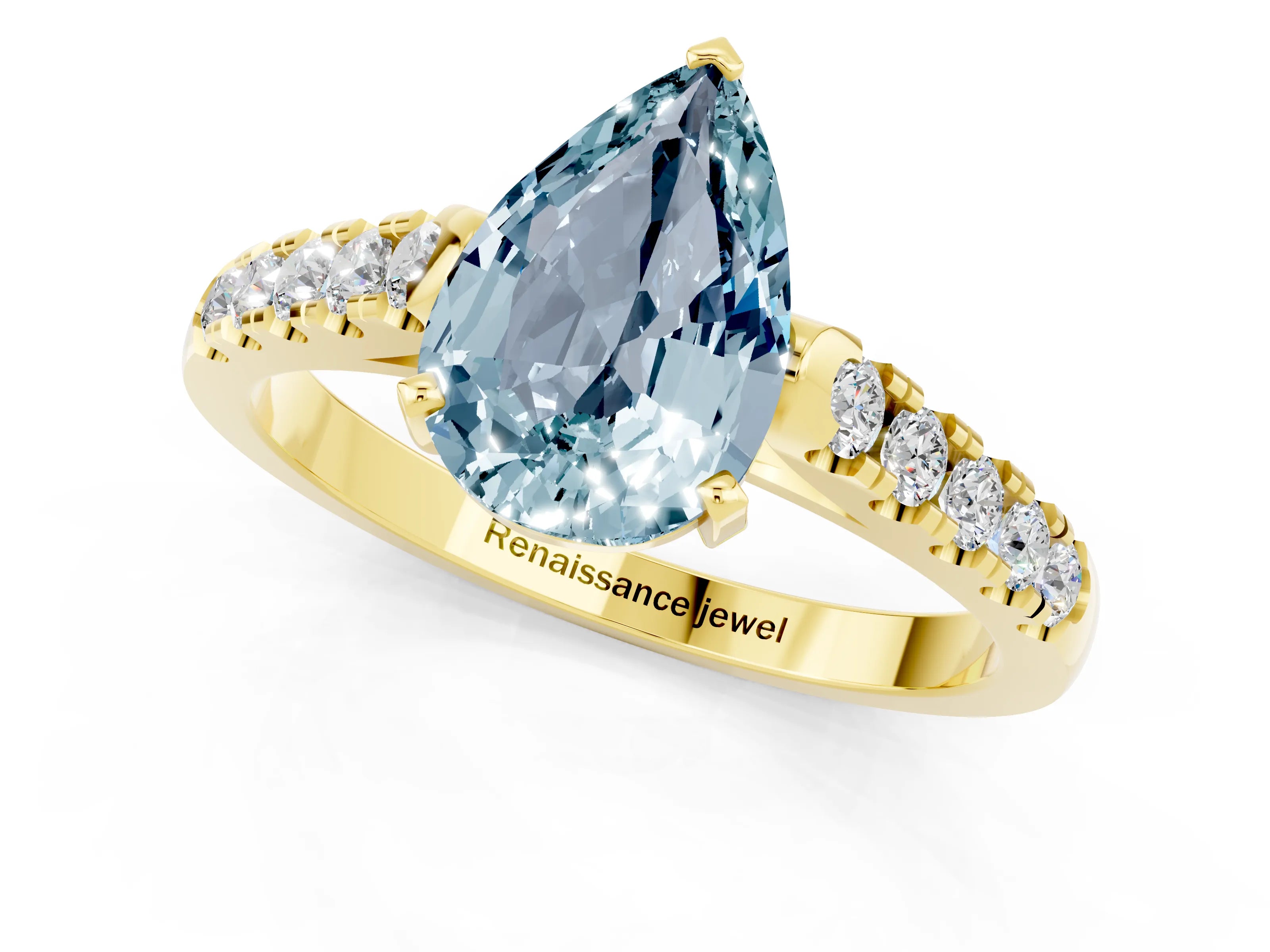Yellow gold {shape_name} Aquamarine Solitaire Ring with Pavé Band and Four-Prong Setting_1