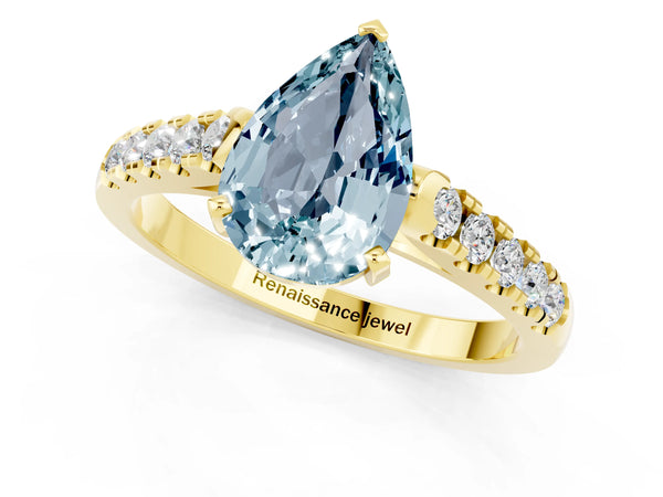 Yellow gold Pear Cut Aquamarine Pavé Band Solitaire Ring with Prong Setting