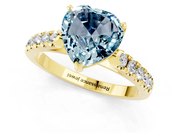 Yellow gold Heart Cut Aquamarine Pavé Band Solitaire Ring with Prong Setting