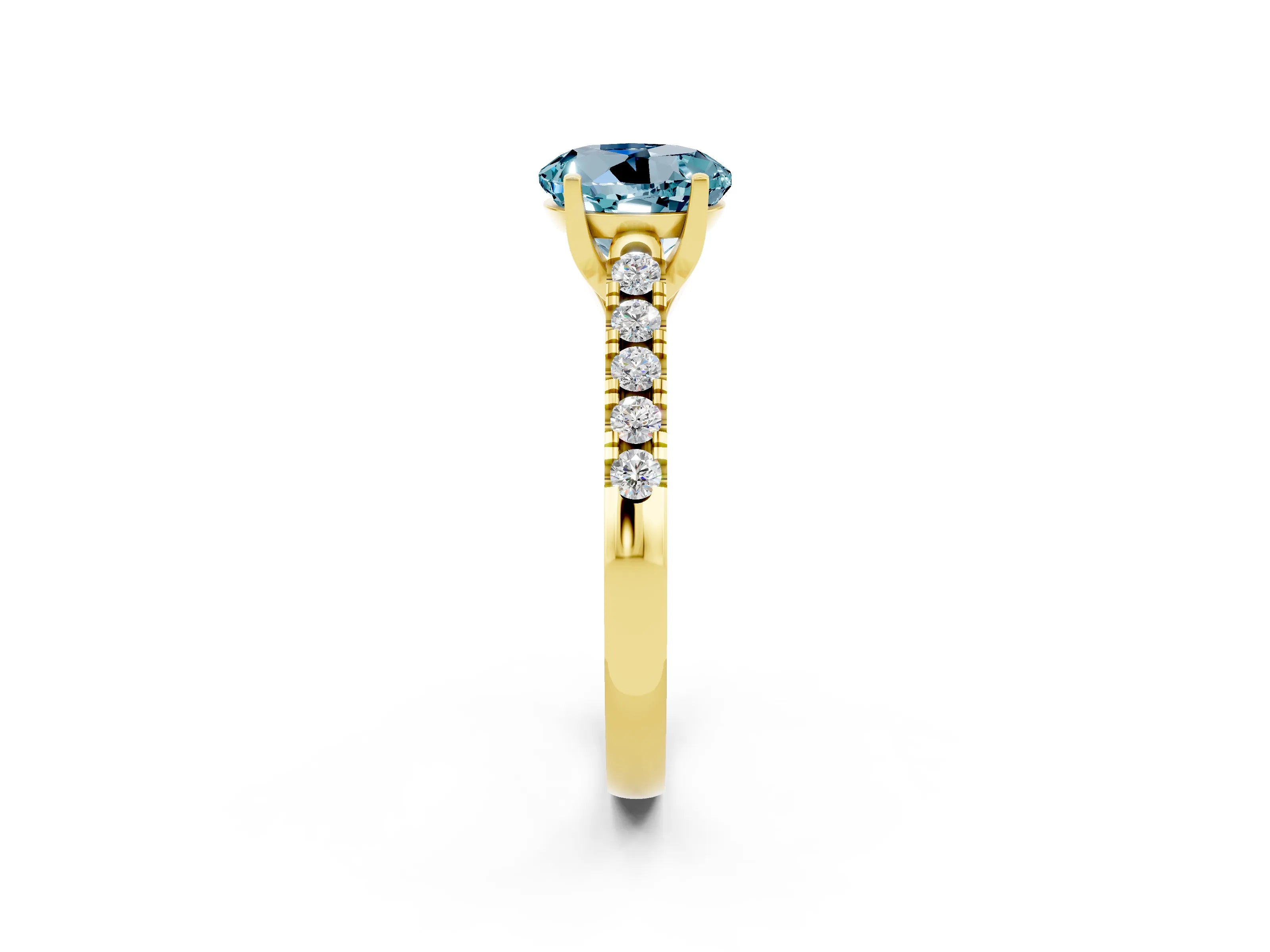 Yellow gold {shape_name} Aquamarine Solitaire Ring with Pavé Band and Four-Prong Setting_2