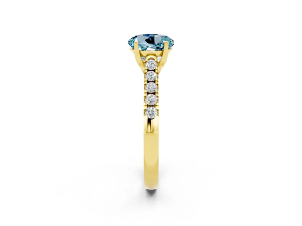 Yellow gold Round Cut Aquamarine Pavé Band Solitaire Ring with Prong Setting