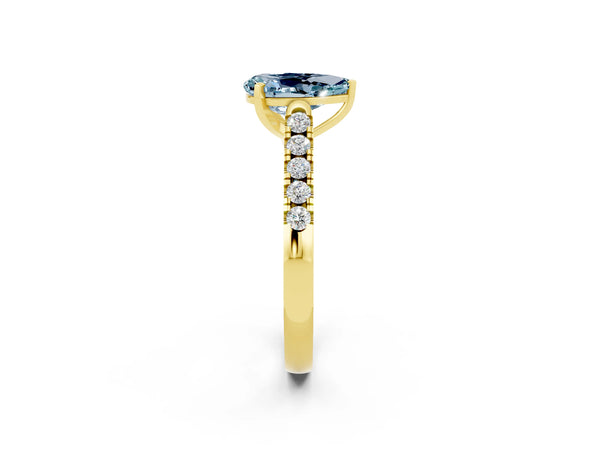 Yellow gold Pear Cut Aquamarine Pavé Band Solitaire Ring with Prong Setting
