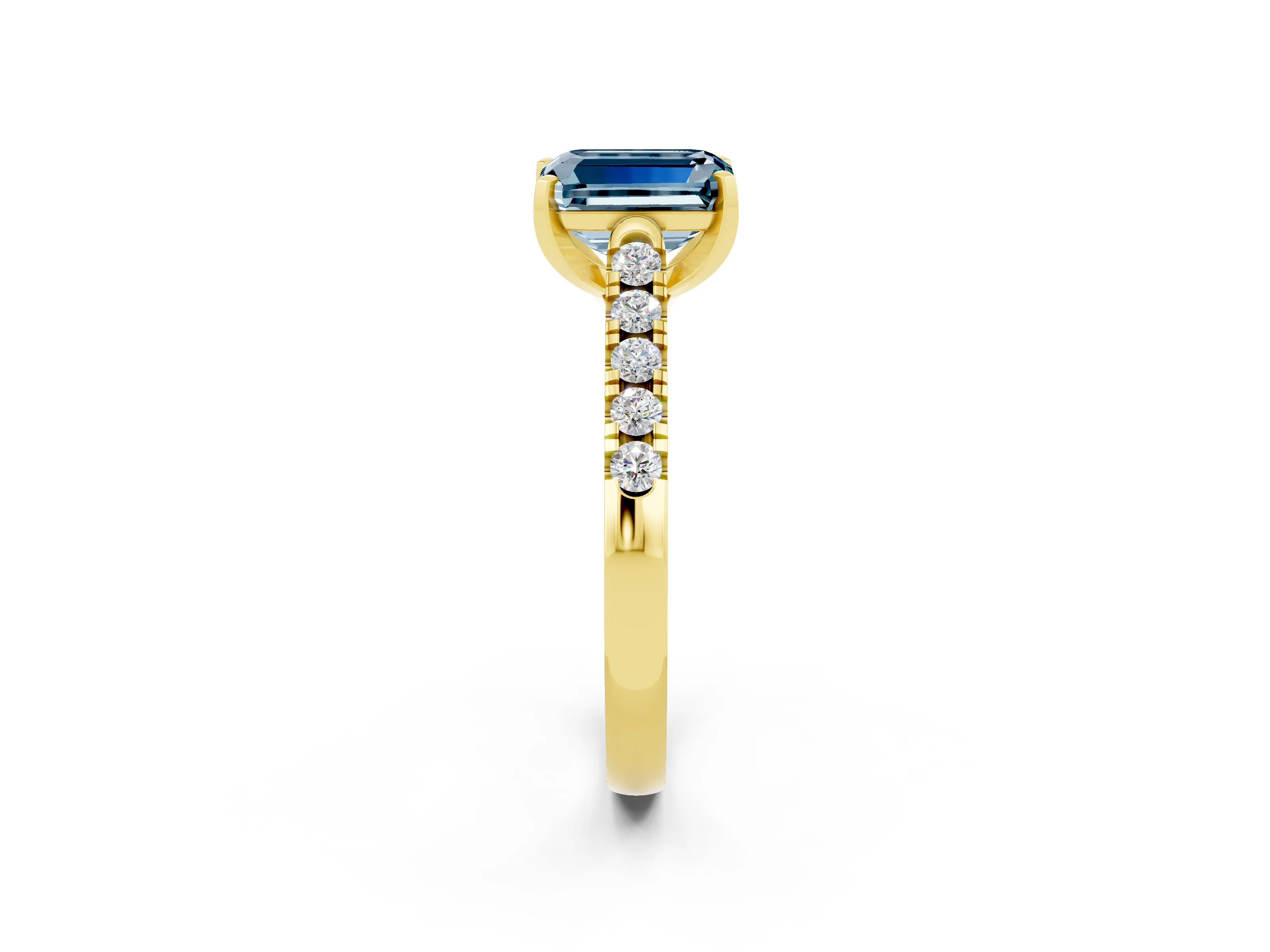 Yellow gold {shape_name} Aquamarine Solitaire Ring with Pavé Band and Four-Prong Setting_2