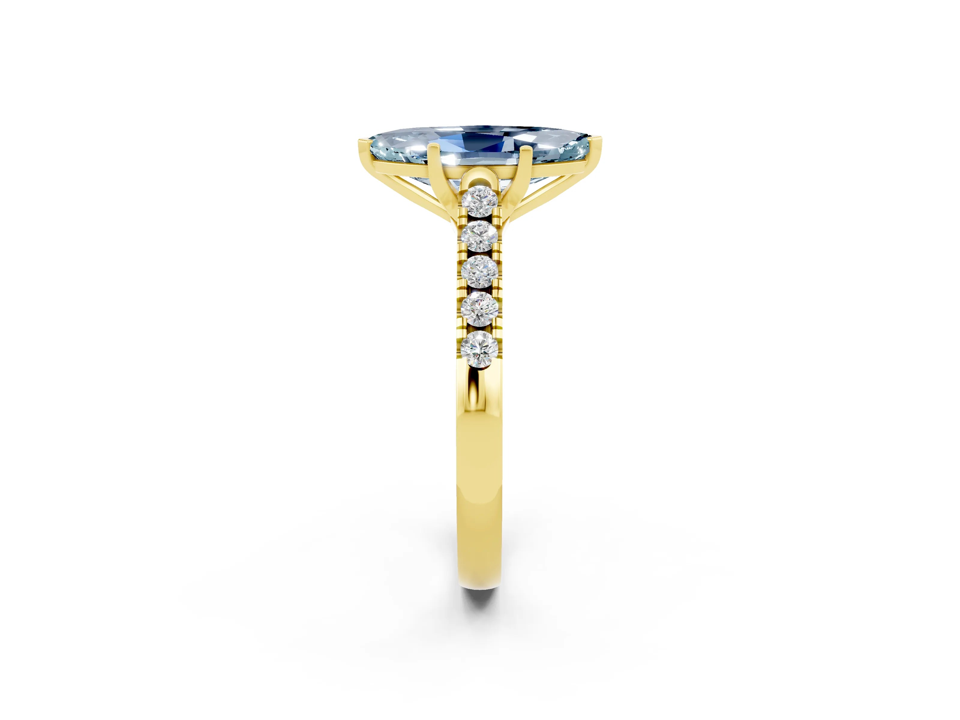 Yellow gold {shape_name} Aquamarine Solitaire Ring with Pavé Band and Four-Prong Setting_2