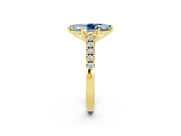 Yellow gold Marquise Cut Aquamarine Pavé Band Solitaire Ring with Prong Setting