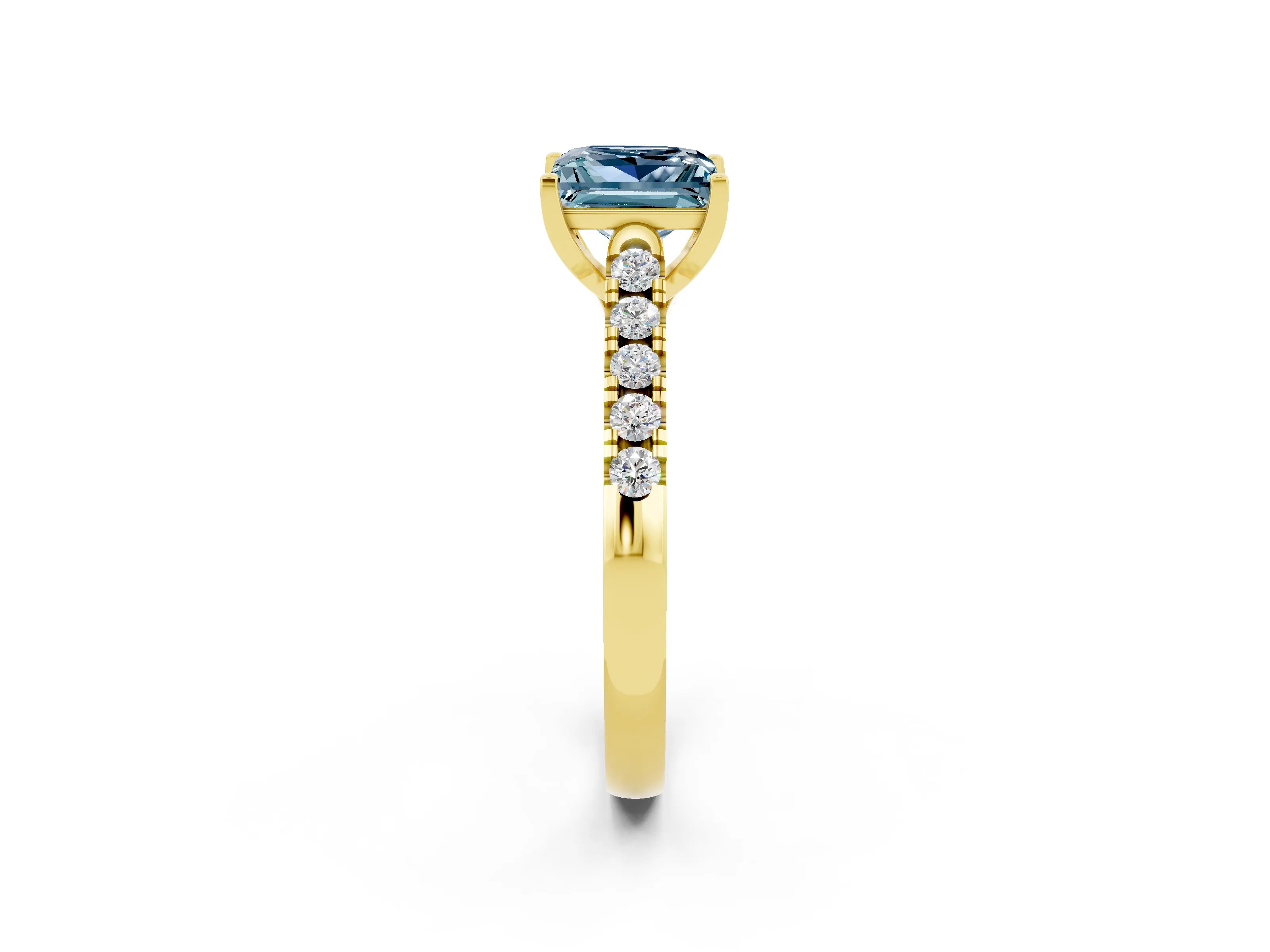 Yellow gold {shape_name} Aquamarine Solitaire Ring with Pavé Band and Four-Prong Setting_2