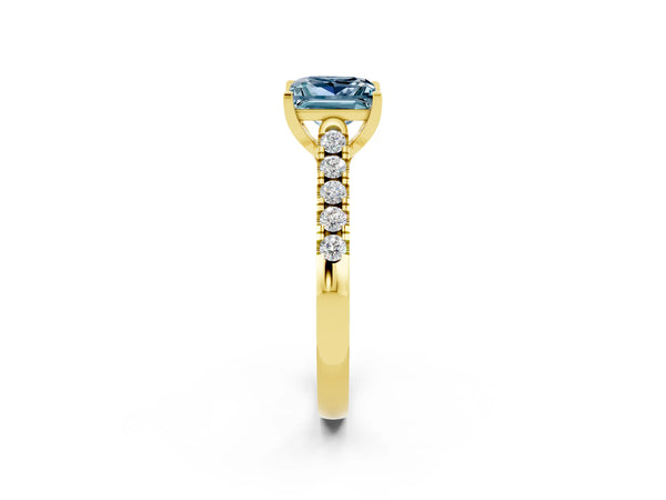 Yellow gold Princess Cut Aquamarine Pavé Band Solitaire Ring with Prong Setting