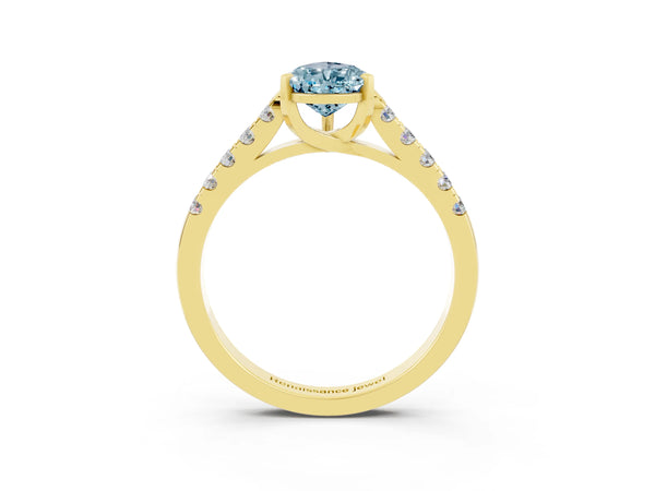 Yellow gold Pear Cut Aquamarine Pavé Band Solitaire Ring with Prong Setting