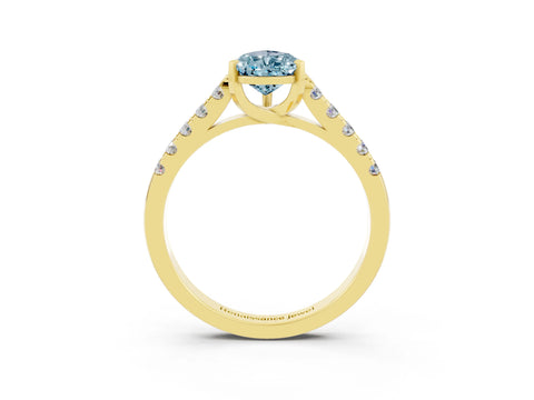 Yellow gold {shape_name} Aquamarine Solitaire Ring with Pavé Band and Four-Prong Setting_3