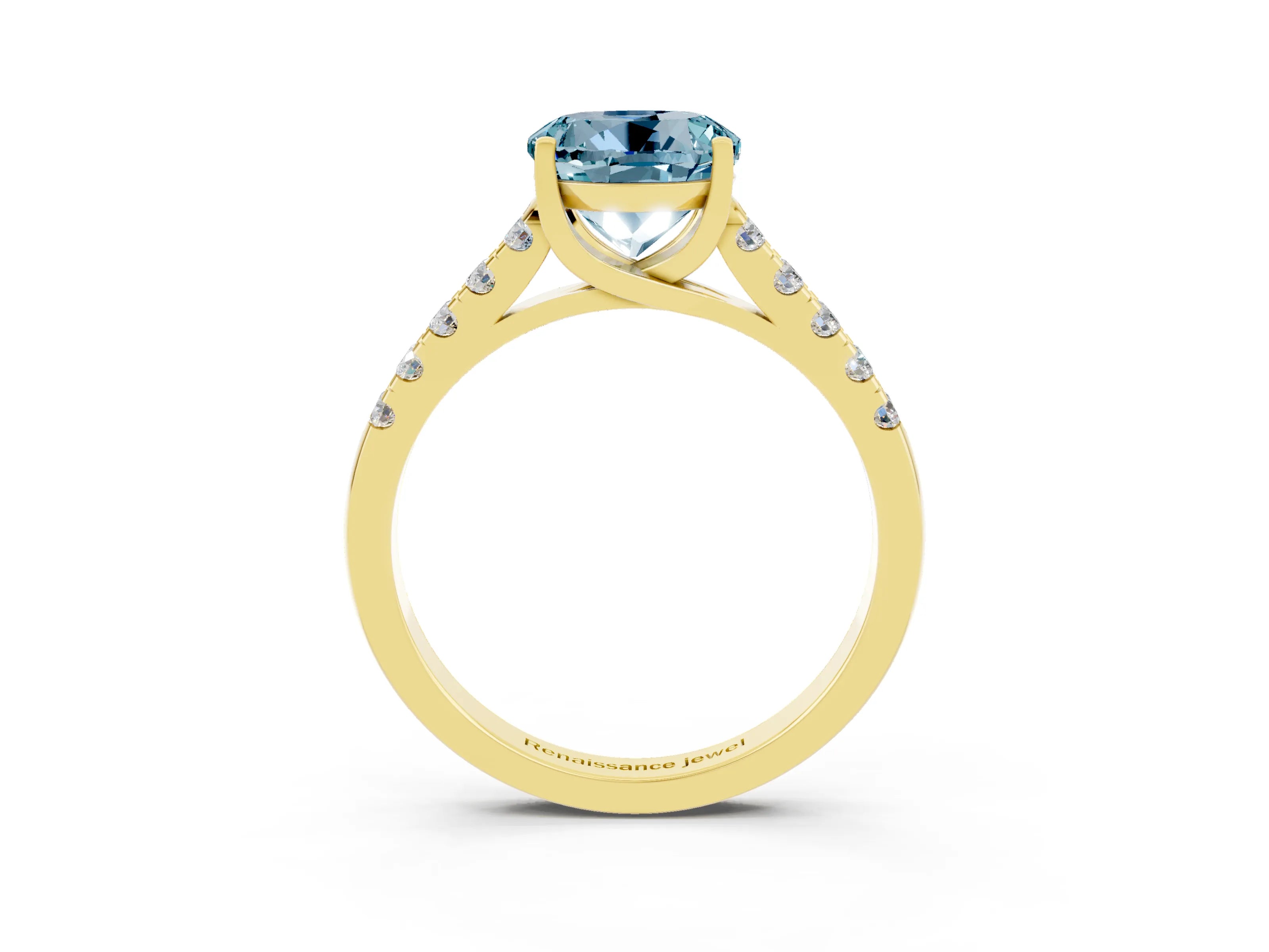 Yellow gold {shape_name} Aquamarine Solitaire Ring with Pavé Band and Four-Prong Setting_3