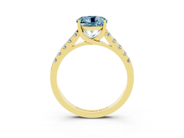 Yellow gold Round Cut Aquamarine Pavé Band Solitaire Ring with Prong Setting