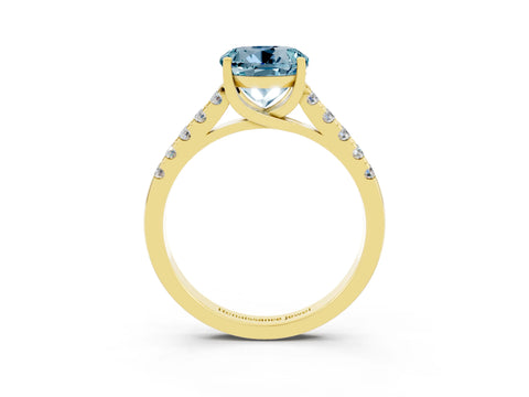 Yellow gold {shape_name} Aquamarine Solitaire Ring with Pavé Band and Four-Prong Setting_3