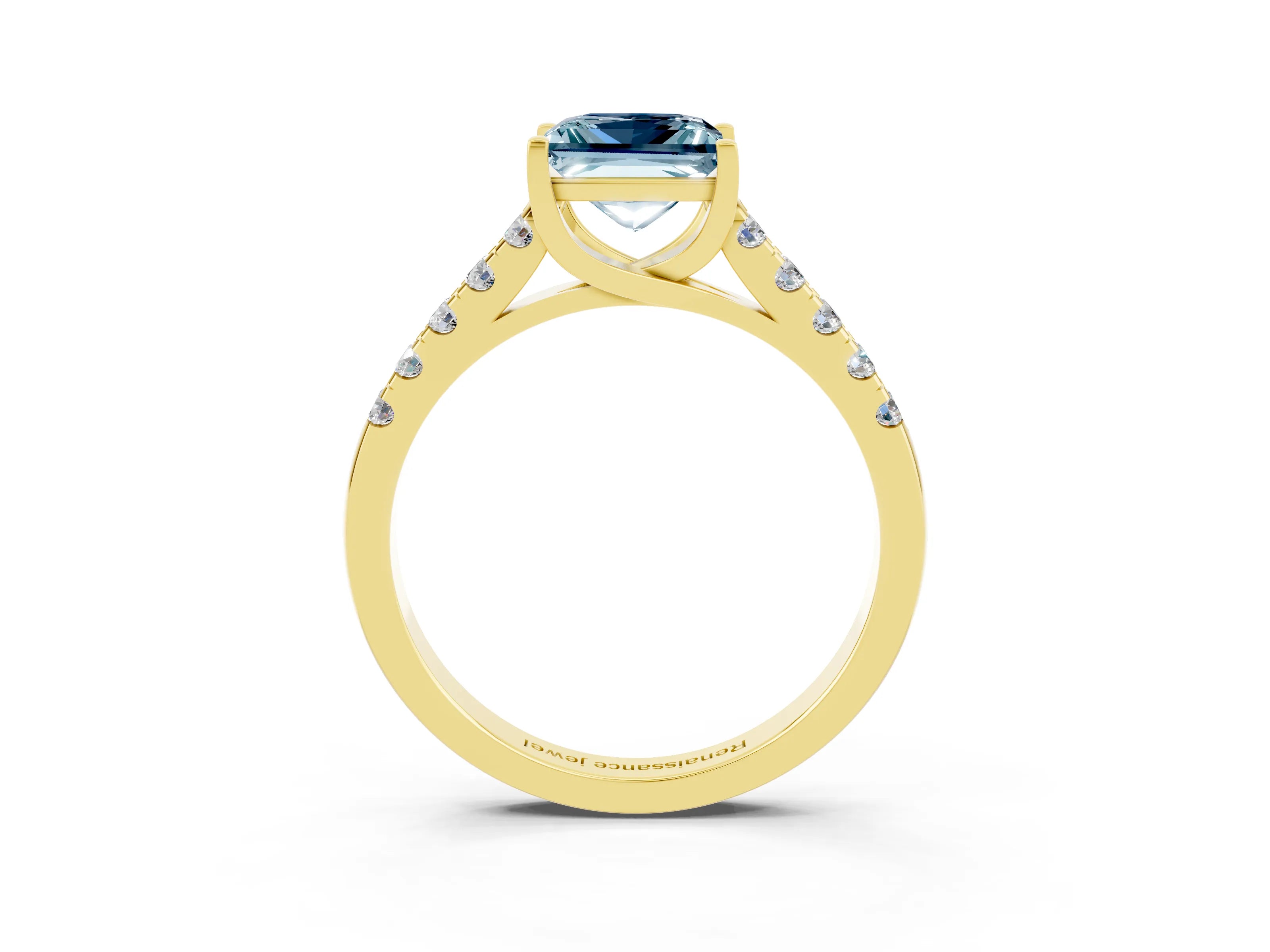 Yellow gold {shape_name} Aquamarine Solitaire Ring with Pavé Band and Four-Prong Setting_3