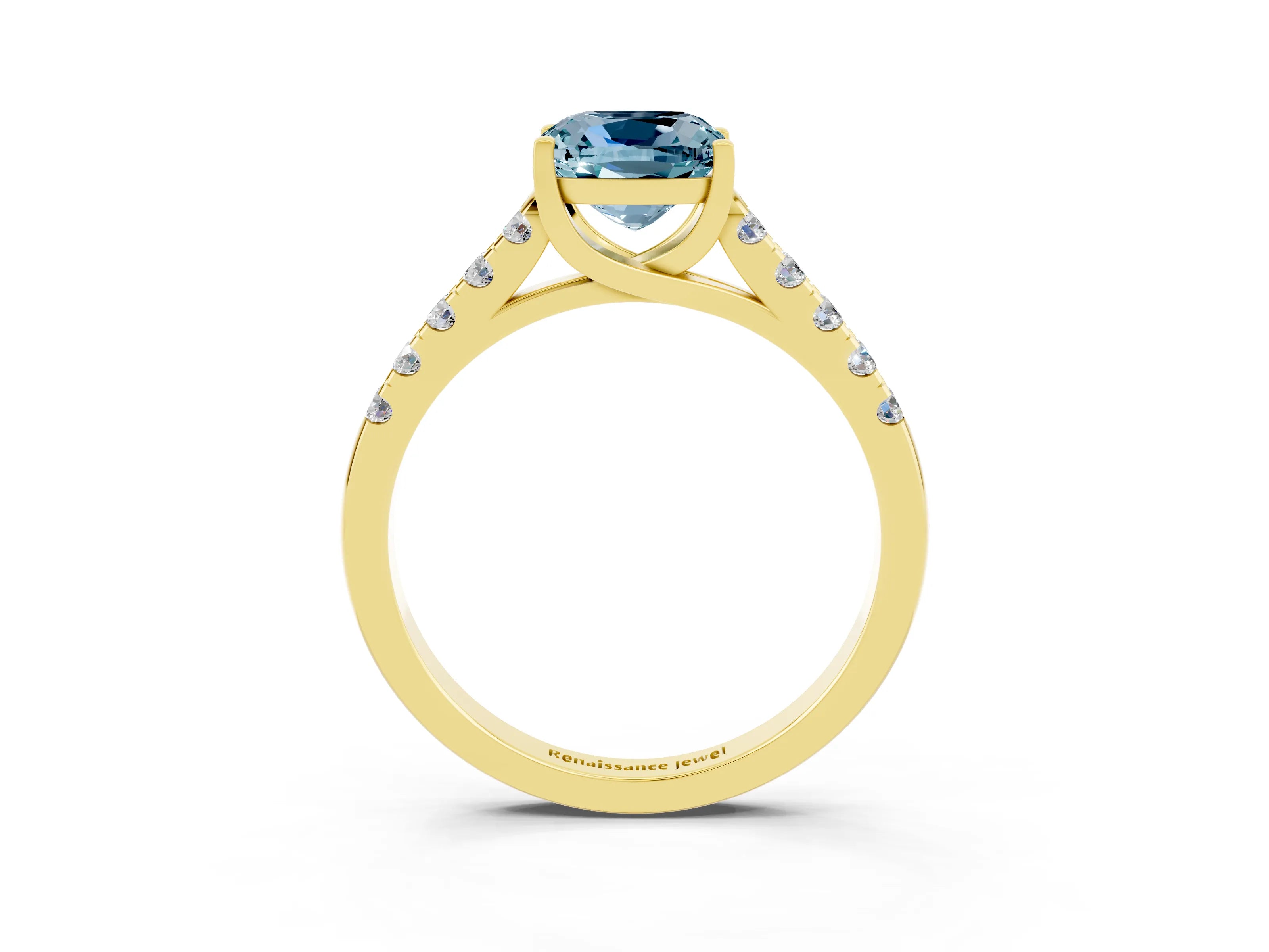 Yellow gold {shape_name} Aquamarine Solitaire Ring with Pavé Band and Four-Prong Setting_3