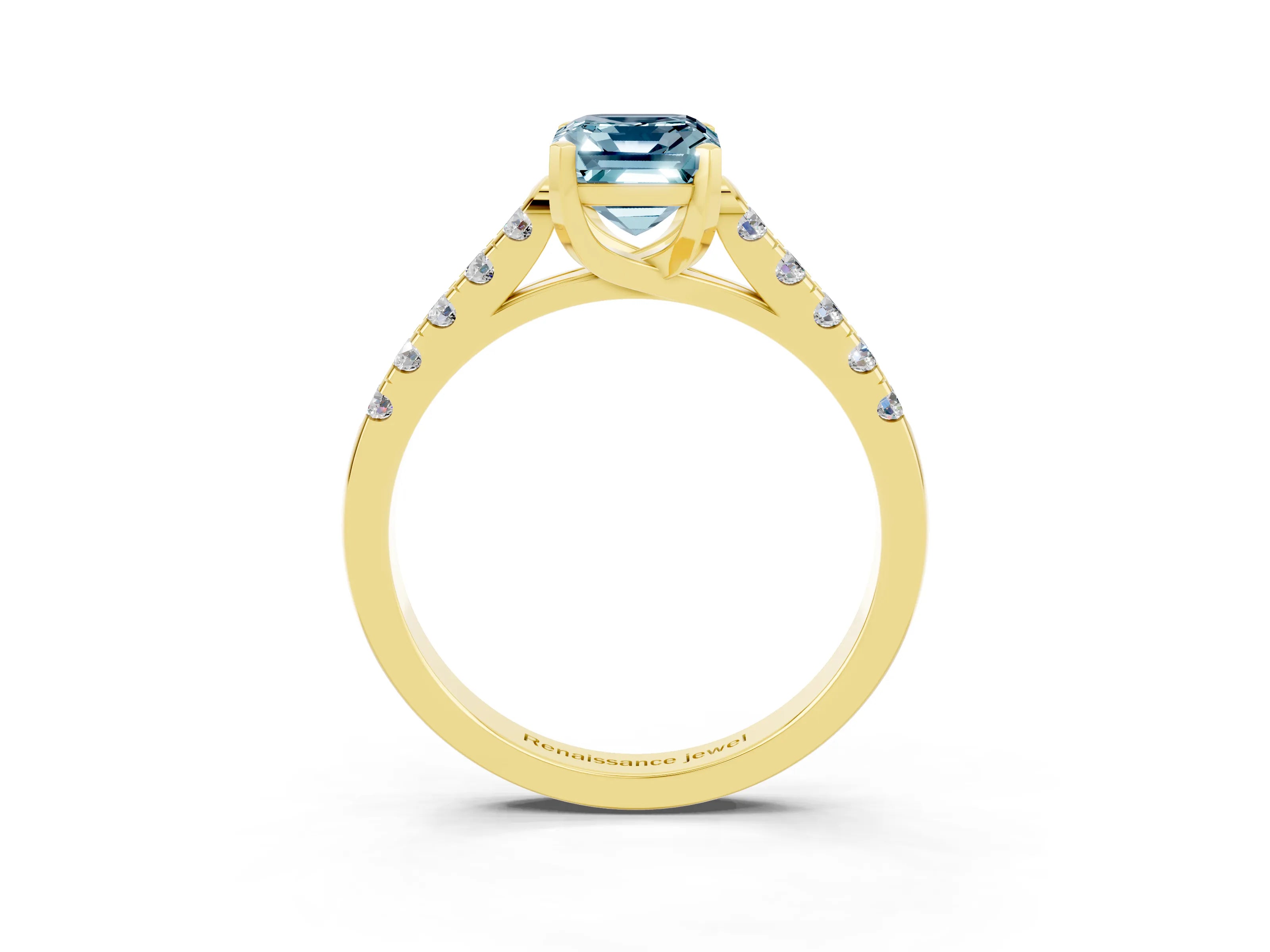 Yellow gold {shape_name} Aquamarine Solitaire Ring with Pavé Band and Four-Prong Setting_3