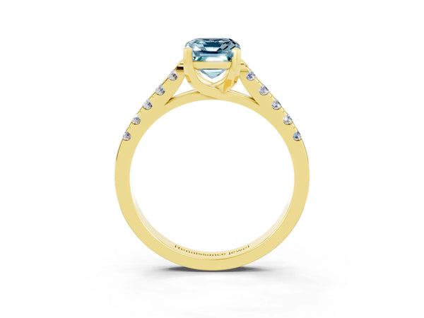Yellow gold Emerald Cut Aquamarine Pavé Band Solitaire Ring with Prong Setting