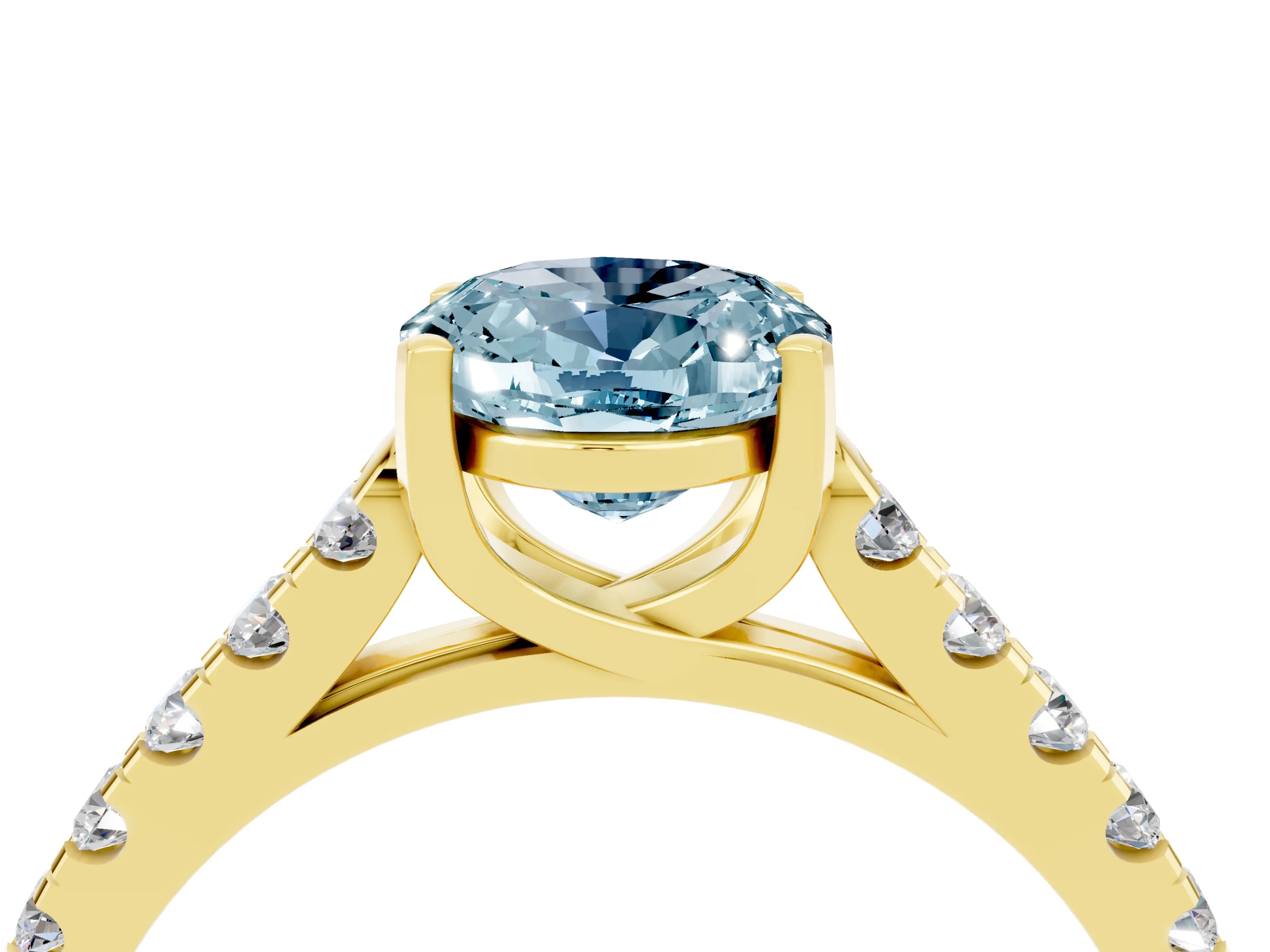 Yellow gold {shape_name} Aquamarine Solitaire Ring with Pavé Band and Four-Prong Setting_4