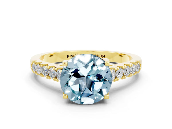 Yellow gold Round Cut Aquamarine Pavé Band Solitaire Ring with Prong Setting