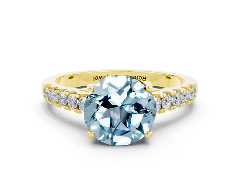 Yellow gold {shape_name} Aquamarine Solitaire Ring with Pavé Band and Four-Prong Setting