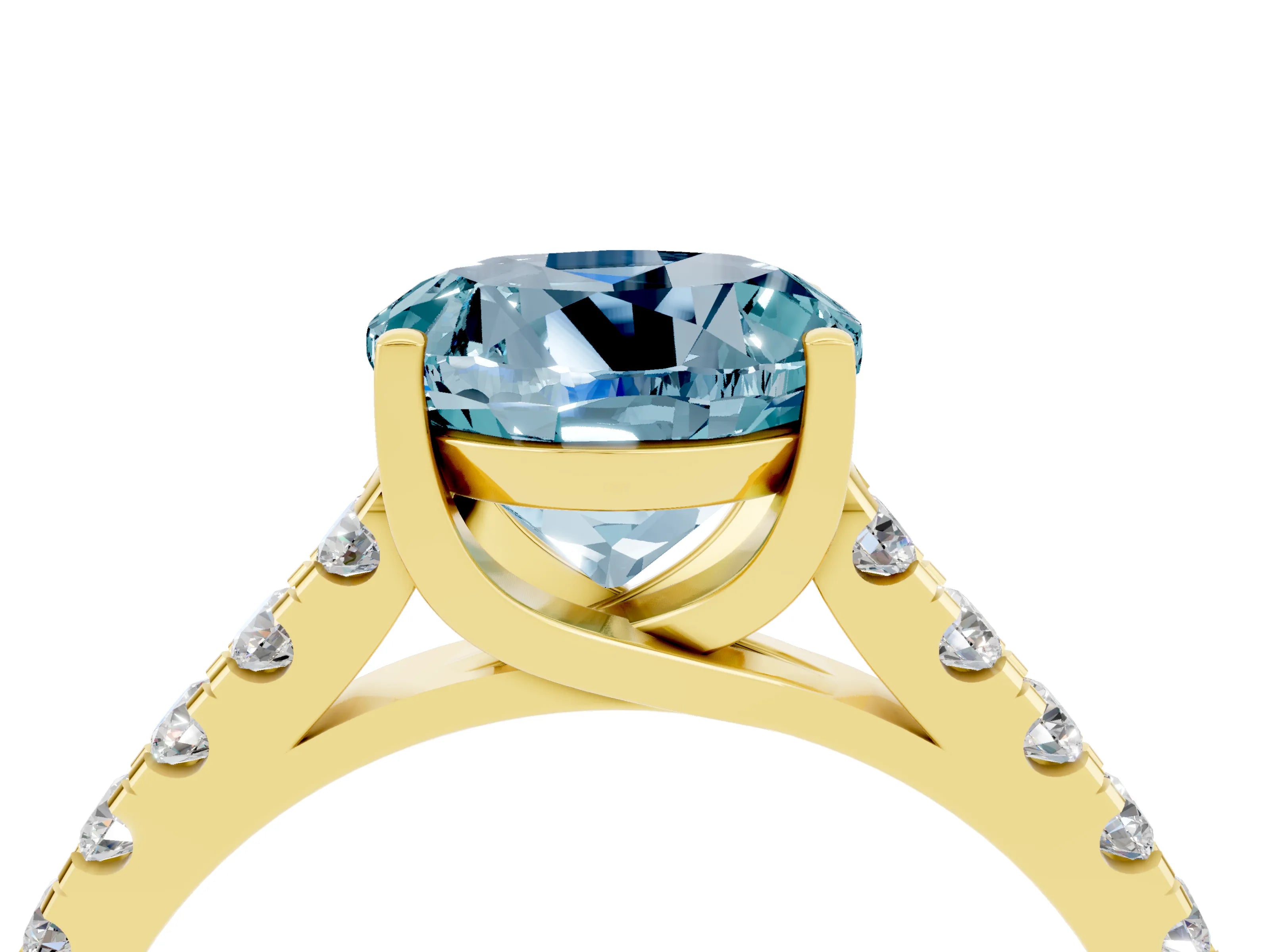 Yellow gold {shape_name} Aquamarine Solitaire Ring with Pavé Band and Four-Prong Setting_4