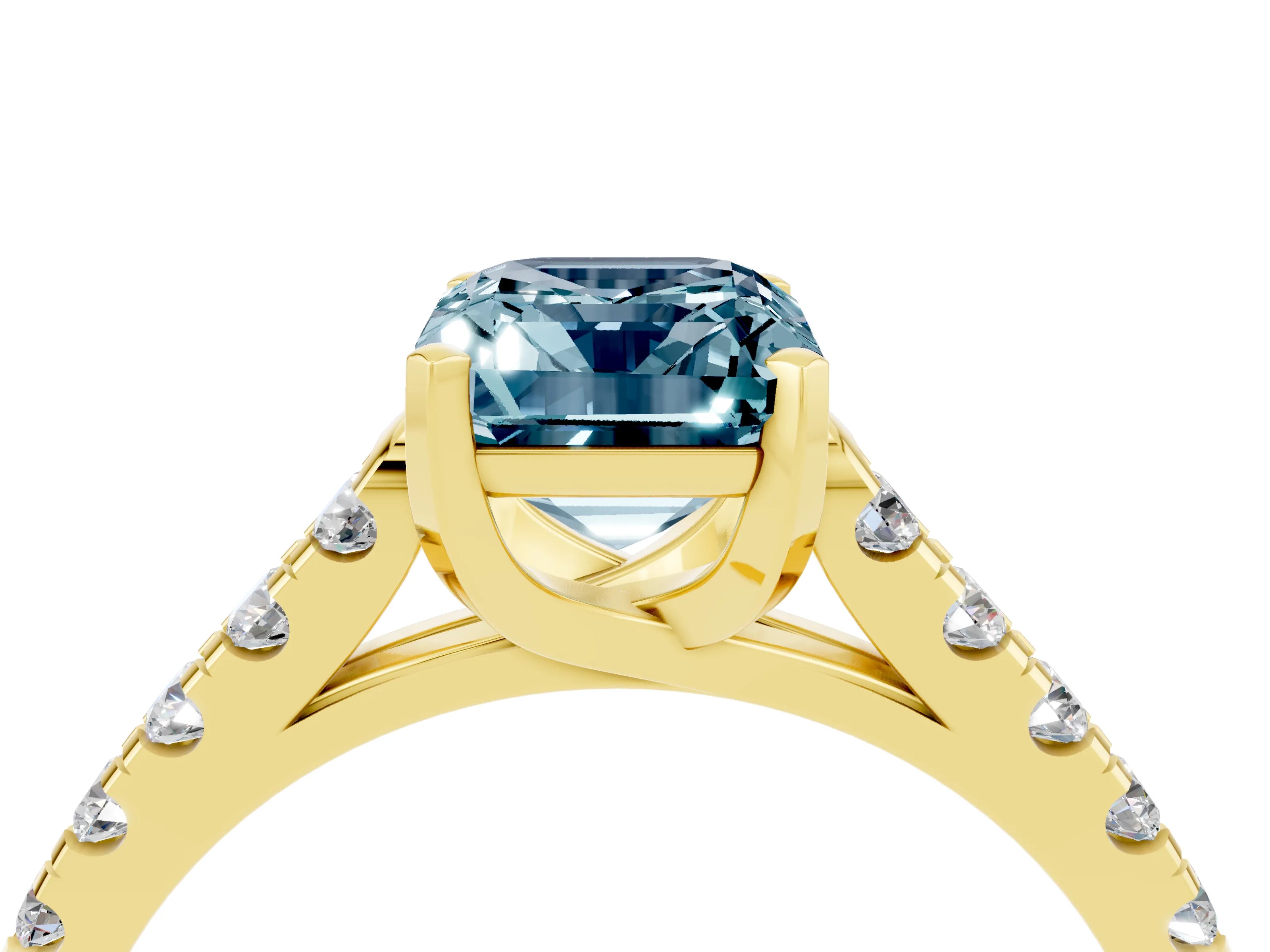 Yellow gold {shape_name} Aquamarine Solitaire Ring with Pavé Band and Four-Prong Setting_4