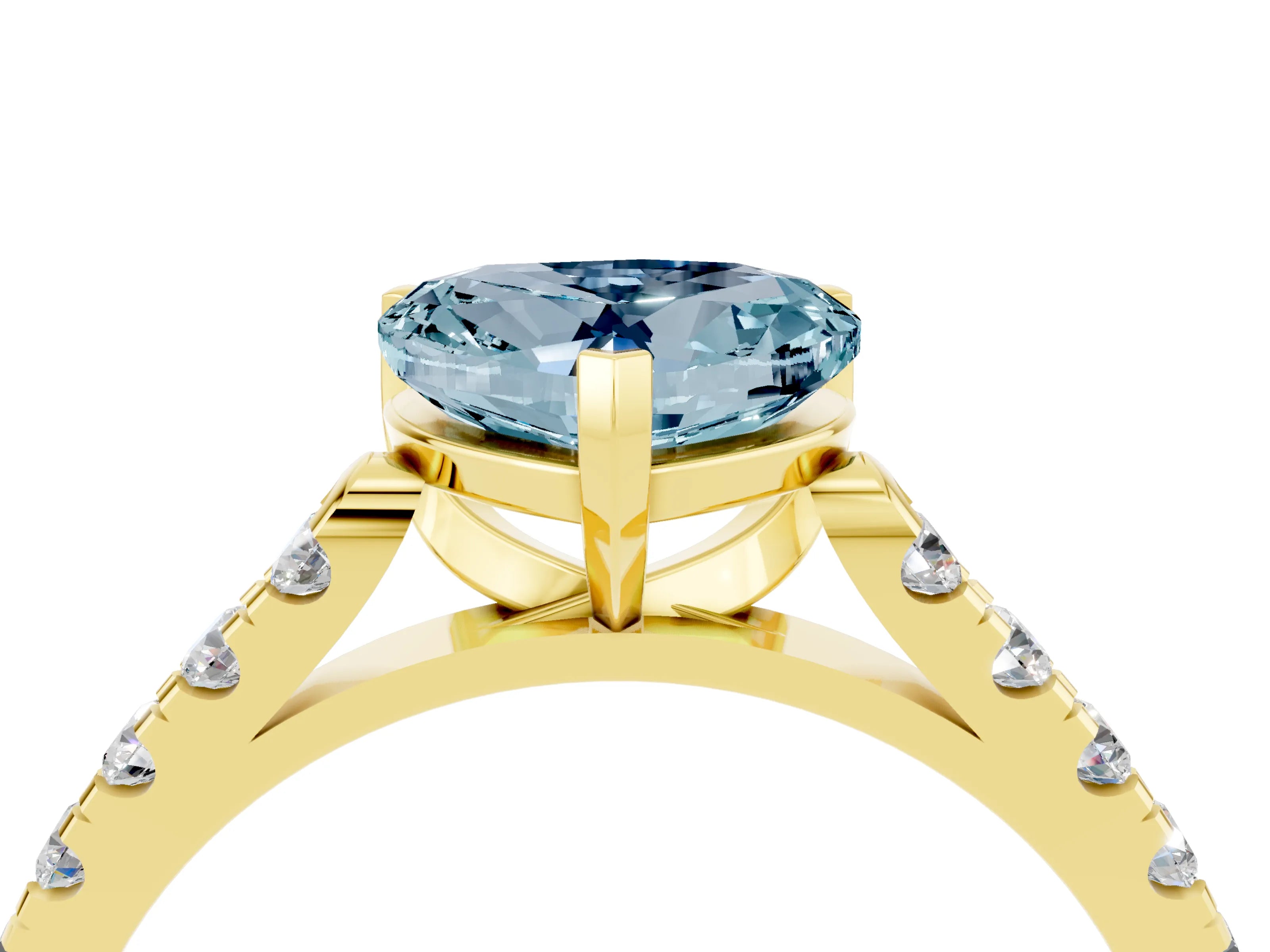 Yellow gold {shape_name} Aquamarine Solitaire Ring with Pavé Band and Four-Prong Setting_4