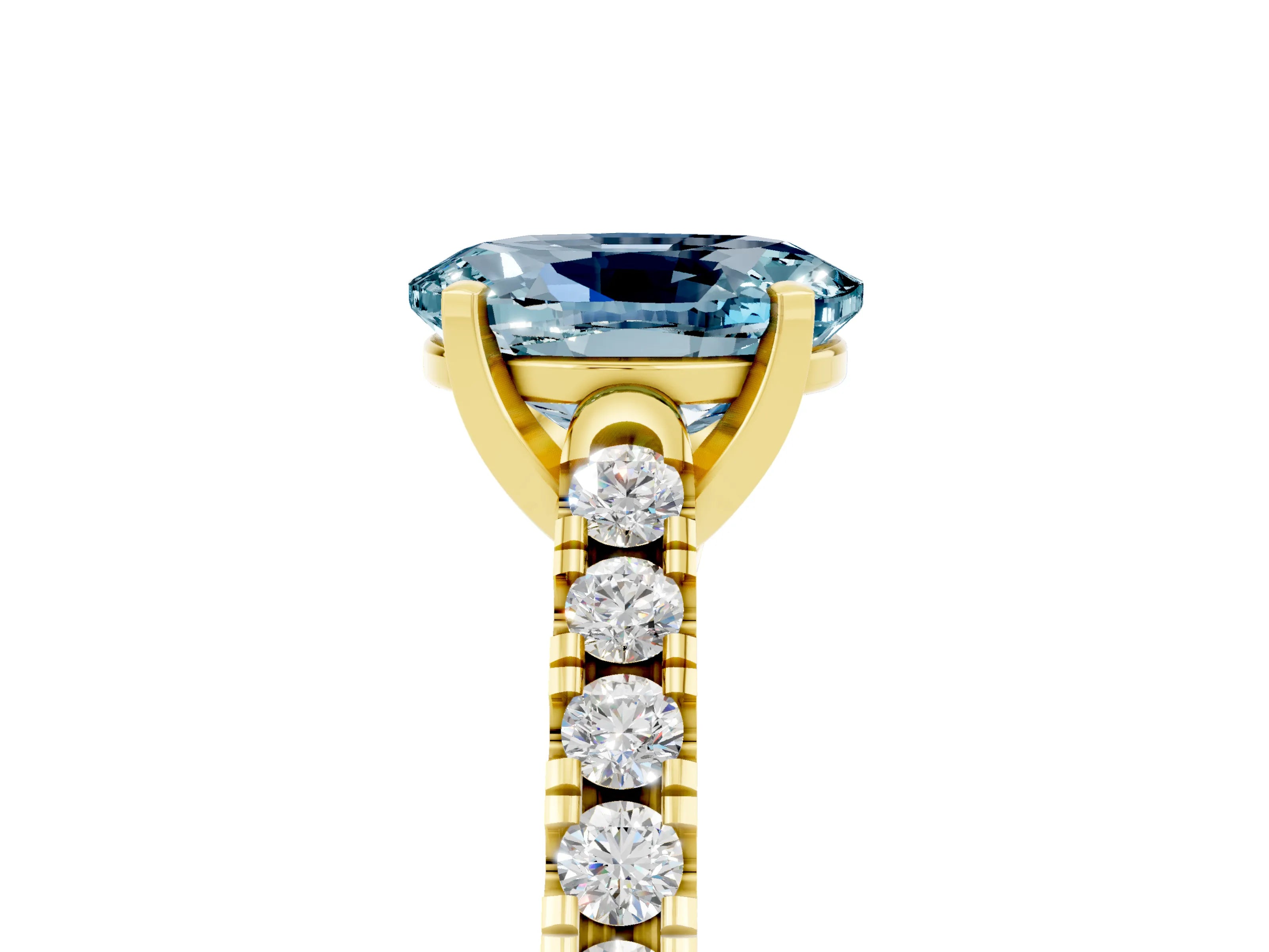 Yellow gold {shape_name} Aquamarine Solitaire Ring with Pavé Band and Four-Prong Setting_5