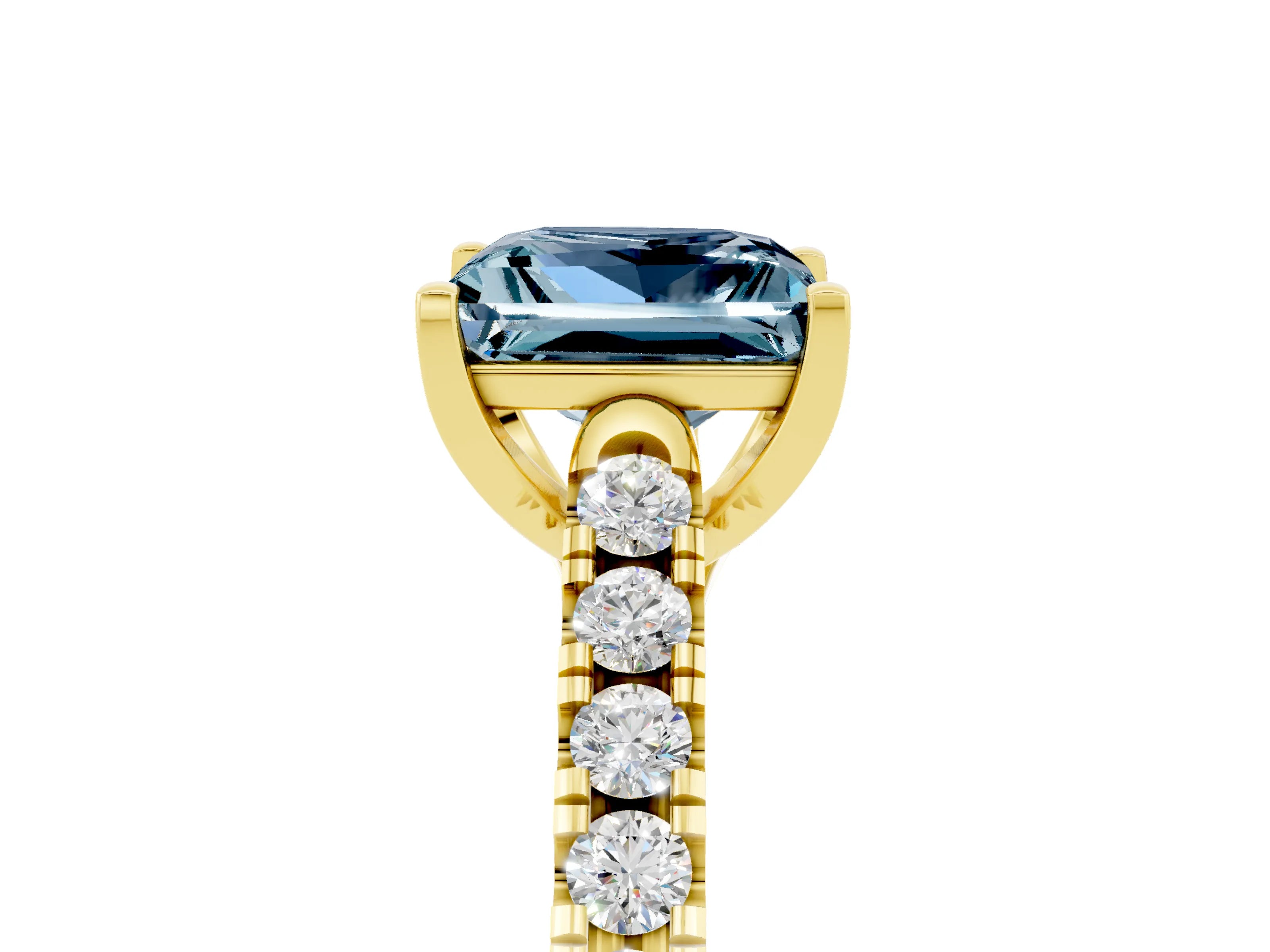 Yellow gold {shape_name} Aquamarine Solitaire Ring with Pavé Band and Four-Prong Setting_5