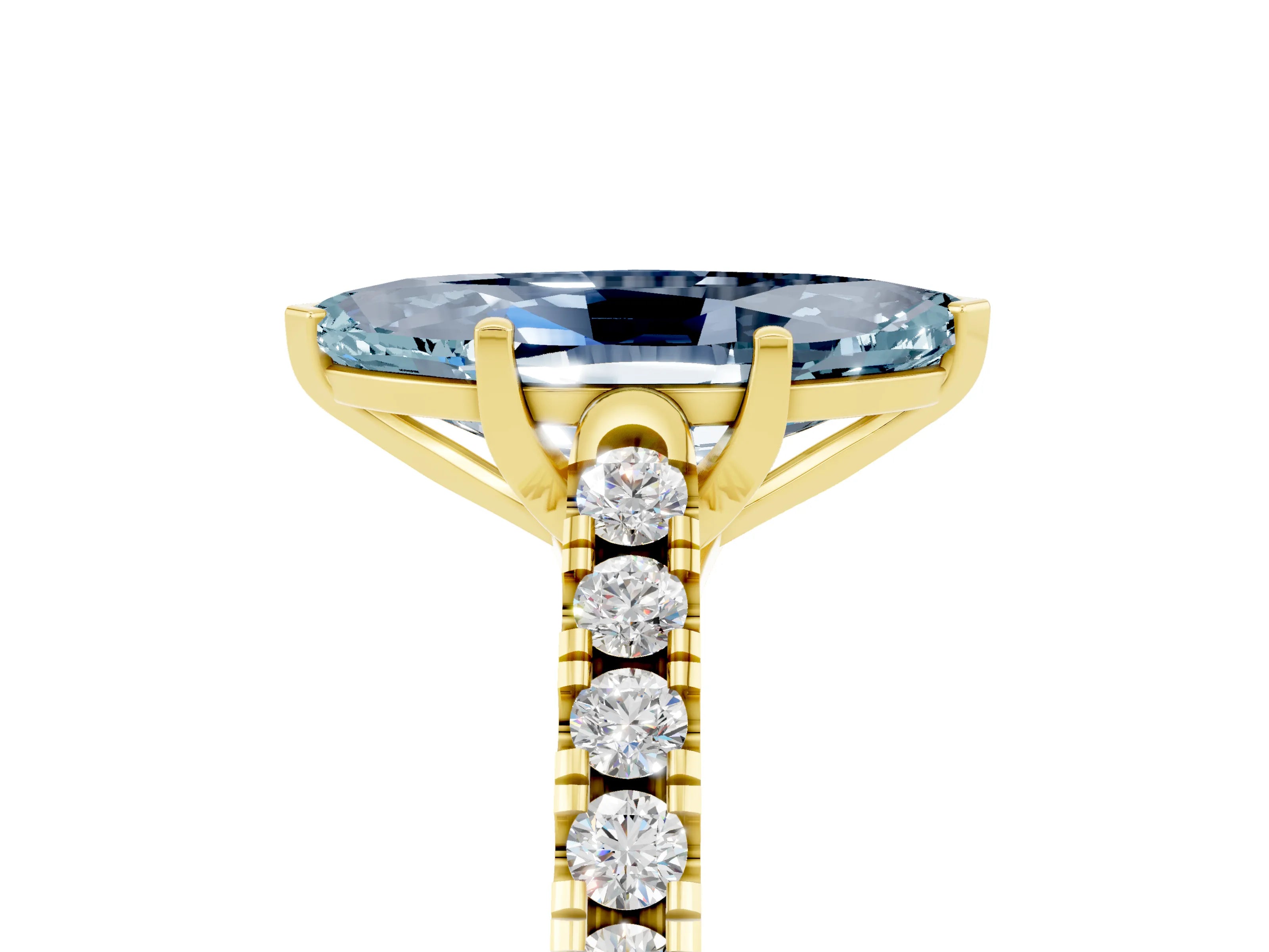 Yellow gold {shape_name} Aquamarine Solitaire Ring with Pavé Band and Four-Prong Setting_5
