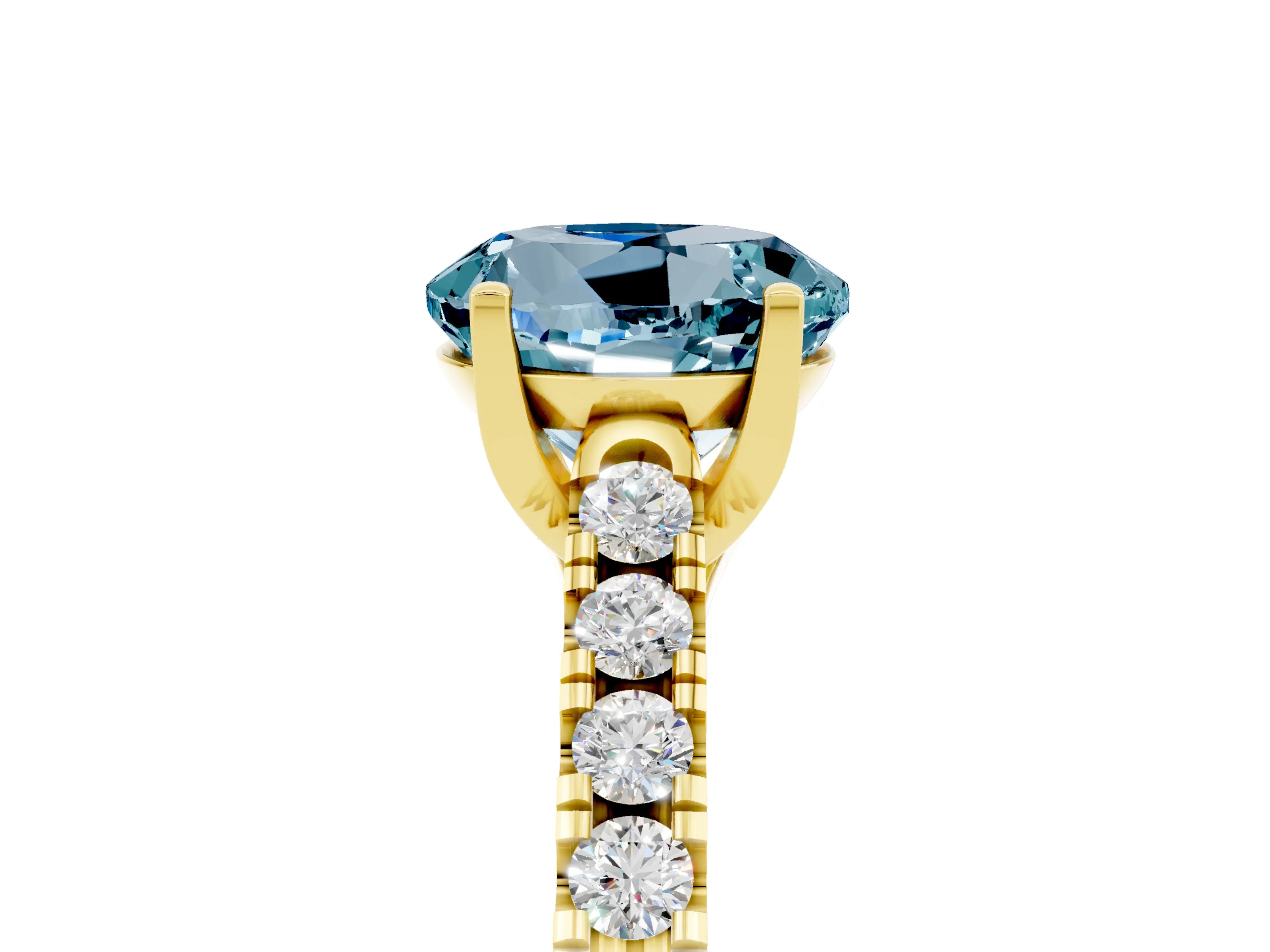Yellow gold {shape_name} Aquamarine Solitaire Ring with Pavé Band and Four-Prong Setting_5