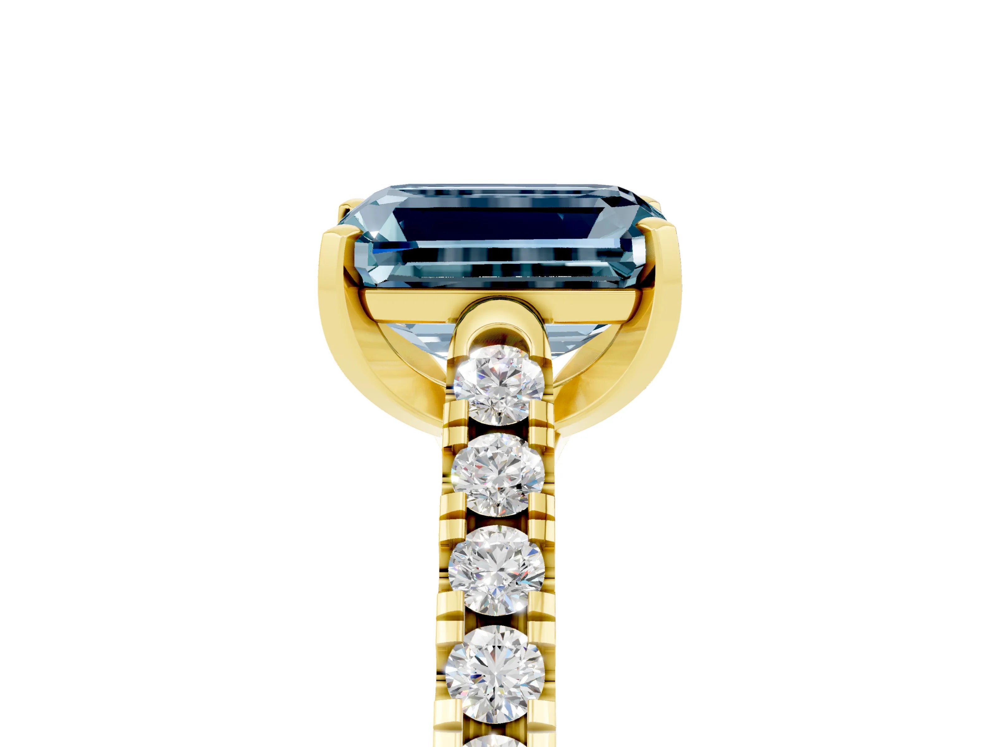 Yellow gold {shape_name} Aquamarine Solitaire Ring with Pavé Band and Four-Prong Setting_5