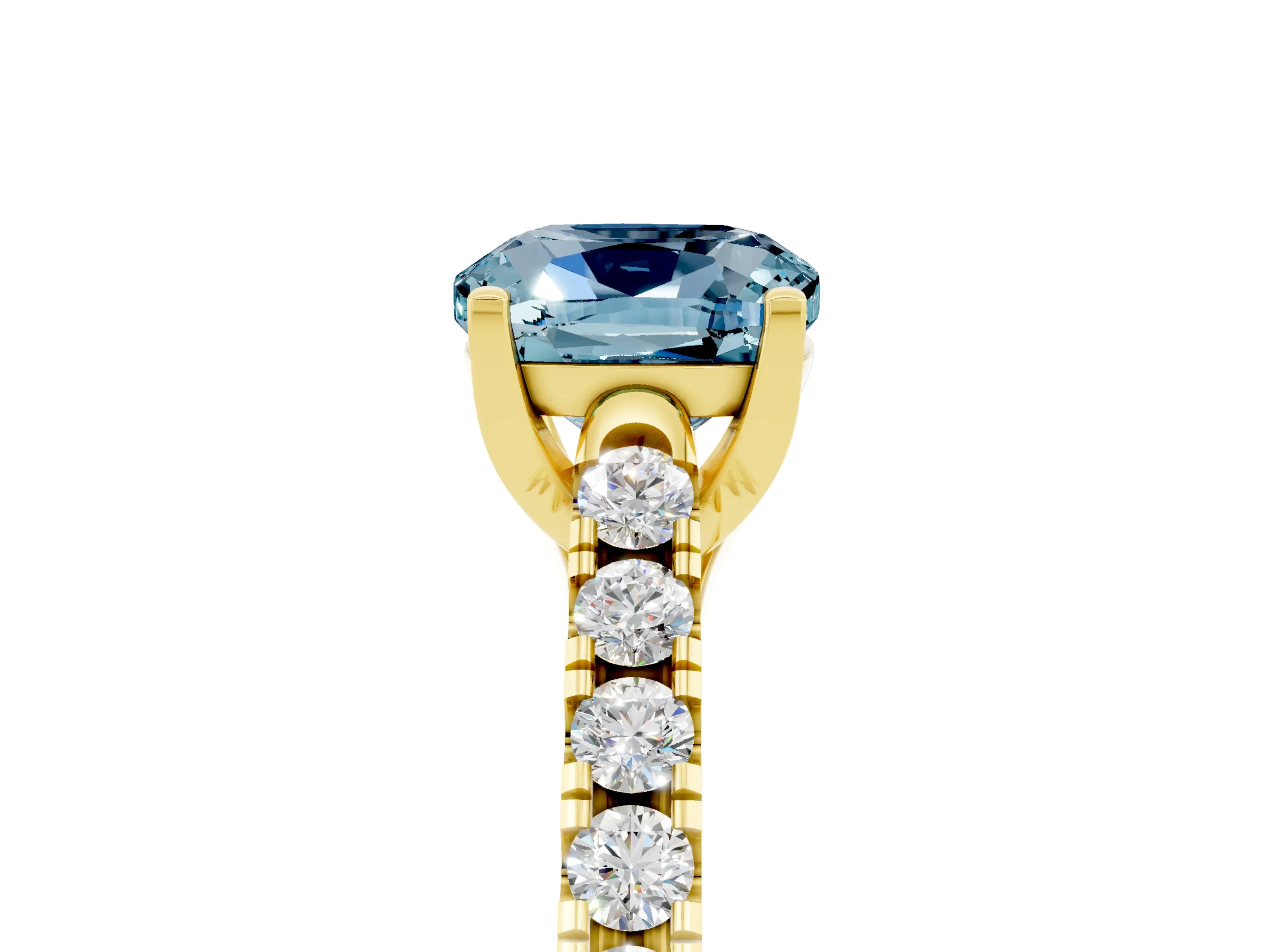 Yellow gold {shape_name} Aquamarine Solitaire Ring with Pavé Band and Four-Prong Setting_5