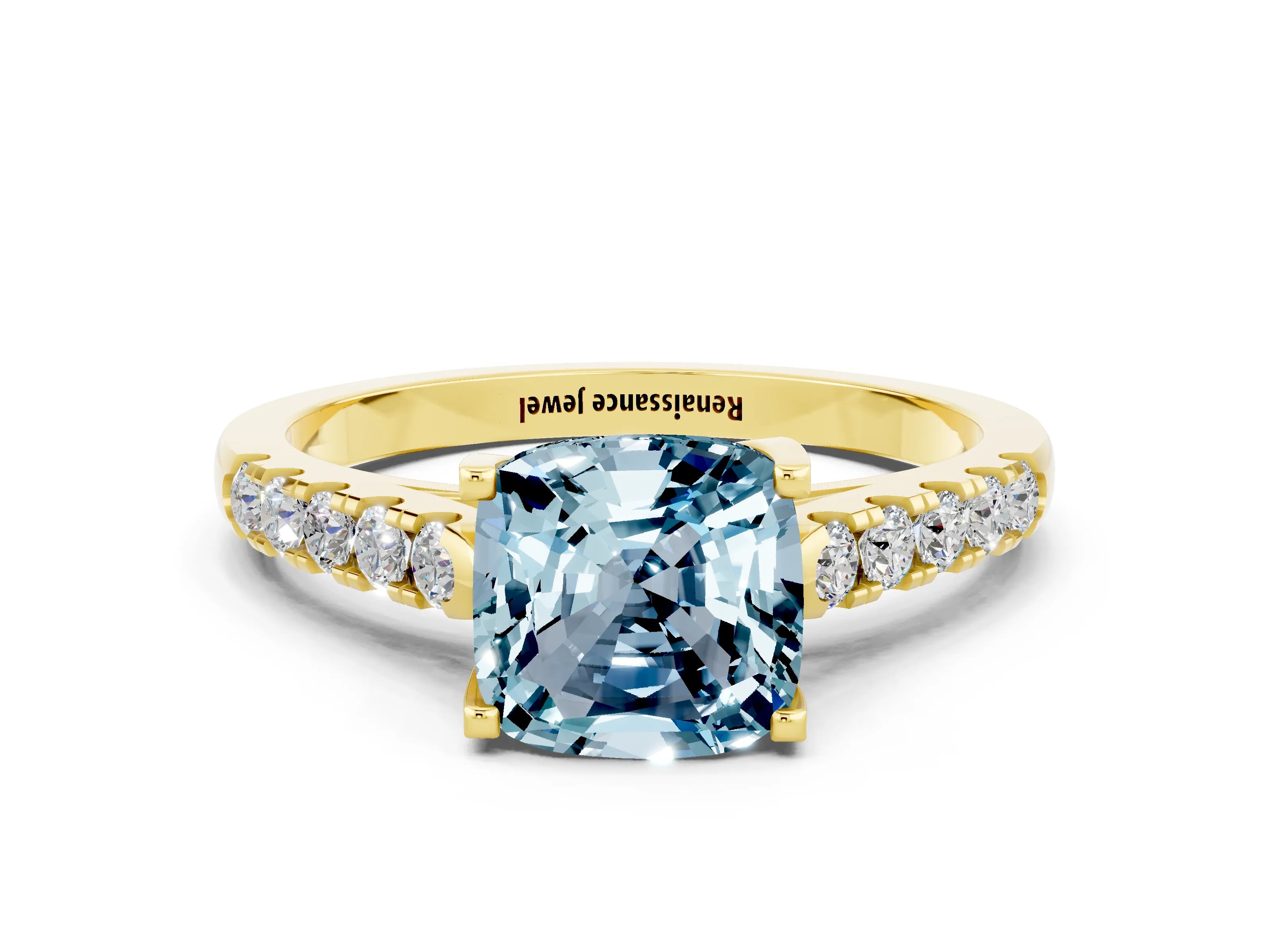 Yellow gold {shape_name} Aquamarine Solitaire Ring with Pavé Band and Four-Prong Setting