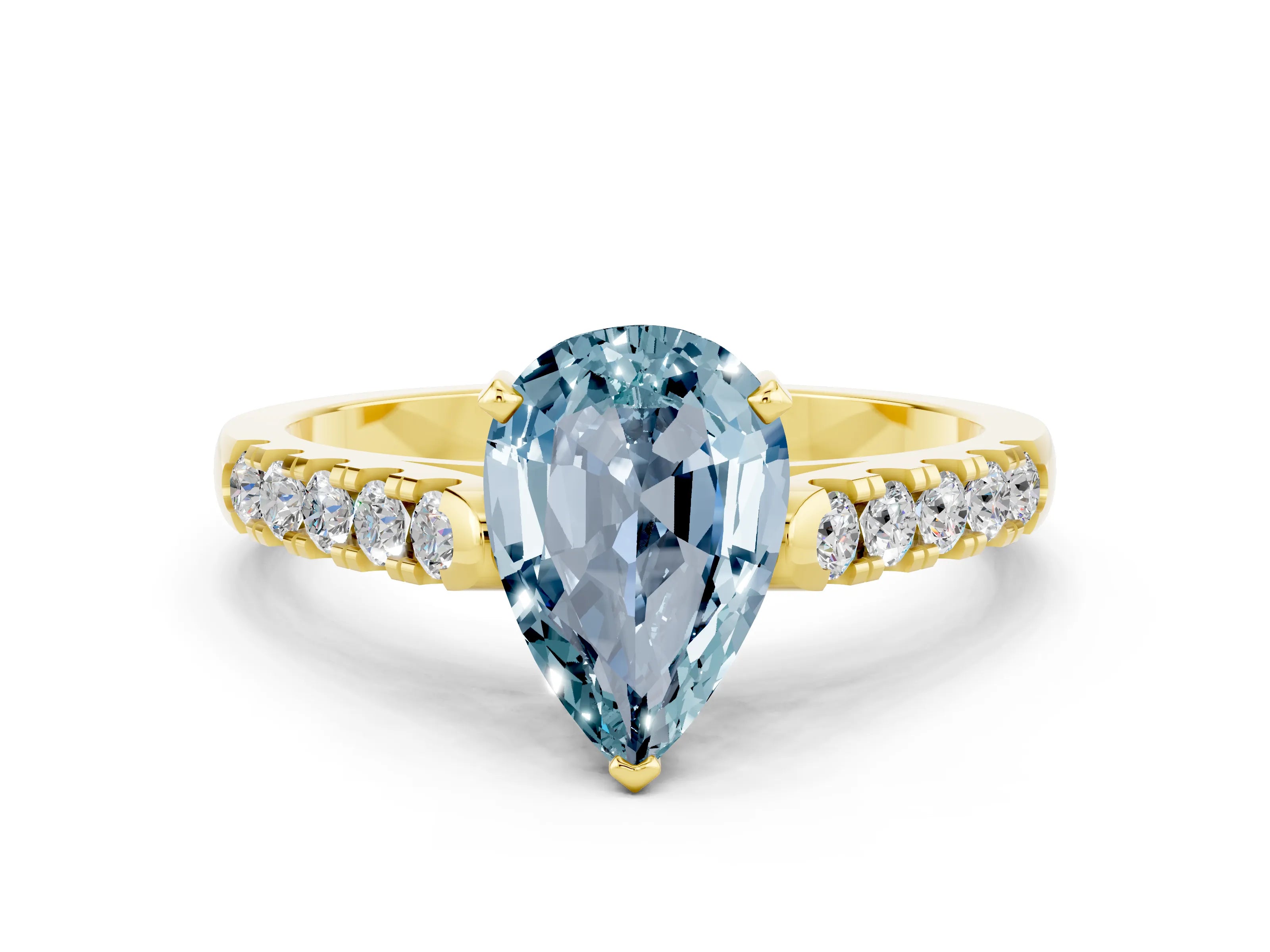 Yellow gold {shape_name} Aquamarine Solitaire Ring with Pavé Band and Four-Prong Setting