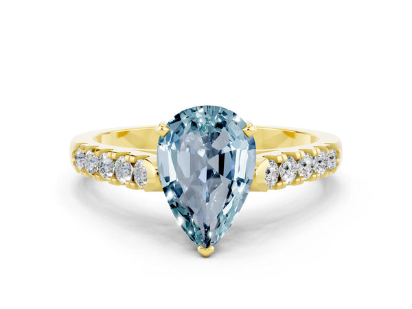 Yellow gold Pear Cut Aquamarine Pavé Band Solitaire Ring with Prong Setting