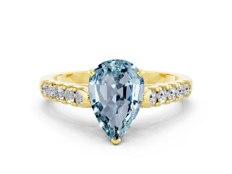 Yellow gold {shape_name} Aquamarine Solitaire Ring with Pavé Band and Four-Prong Setting