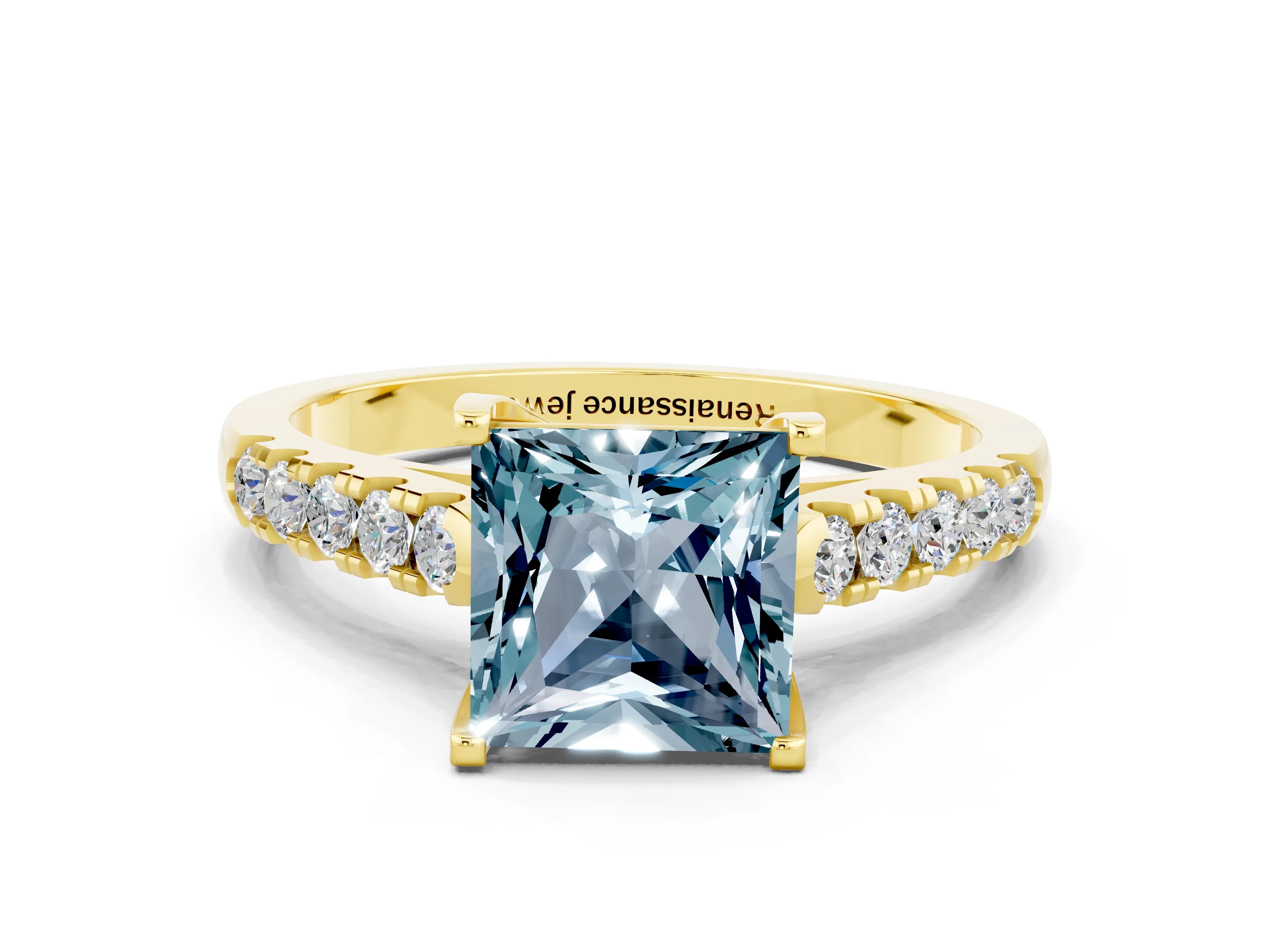 Yellow gold {shape_name} Aquamarine Solitaire Ring with Pavé Band and Four-Prong Setting