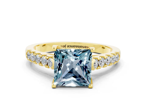 Yellow gold {shape_name} Aquamarine Solitaire Ring with Pavé Band and Four-Prong Setting