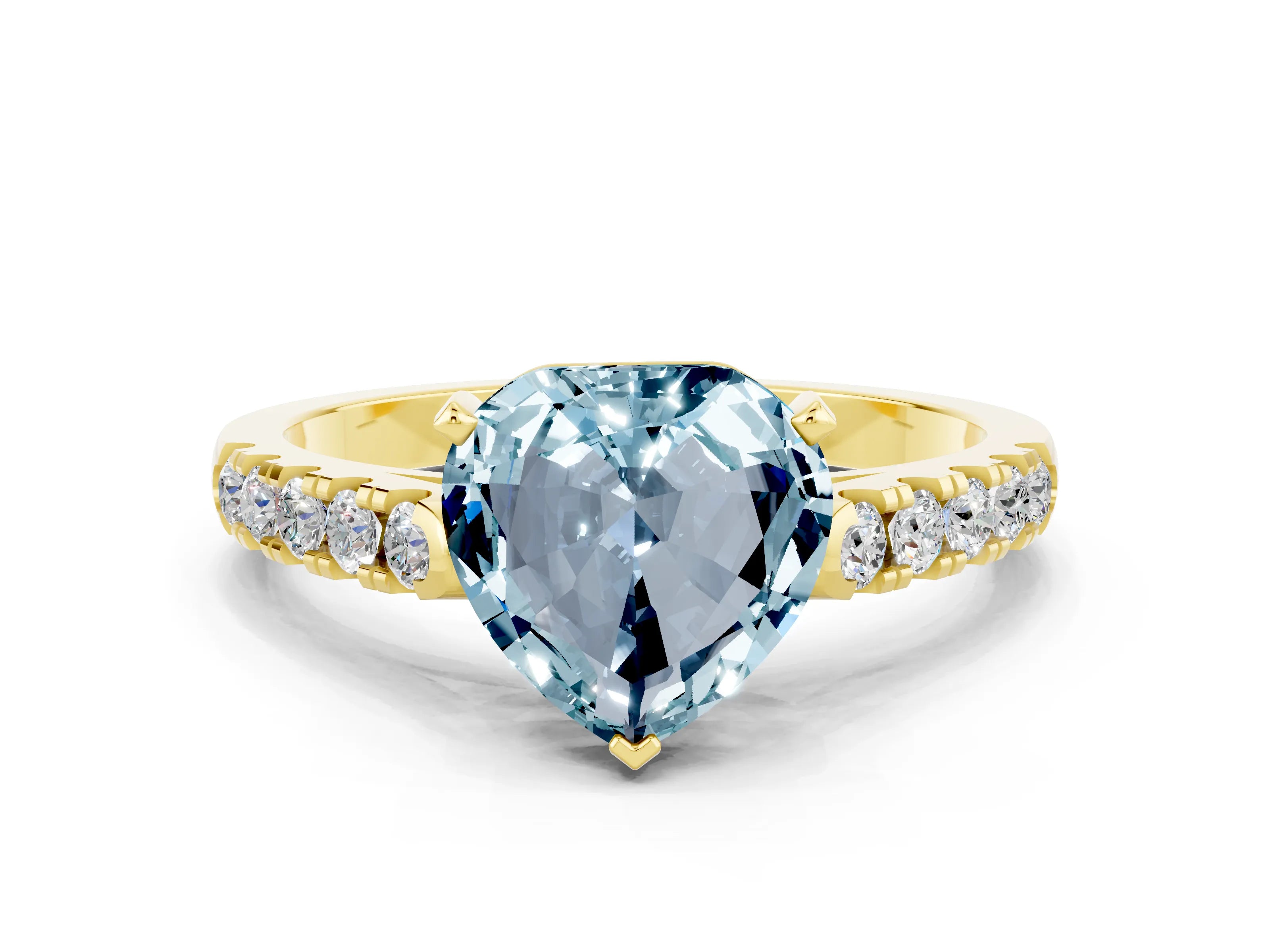 Yellow gold {shape_name} Aquamarine Solitaire Ring with Pavé Band and Four-Prong Setting
