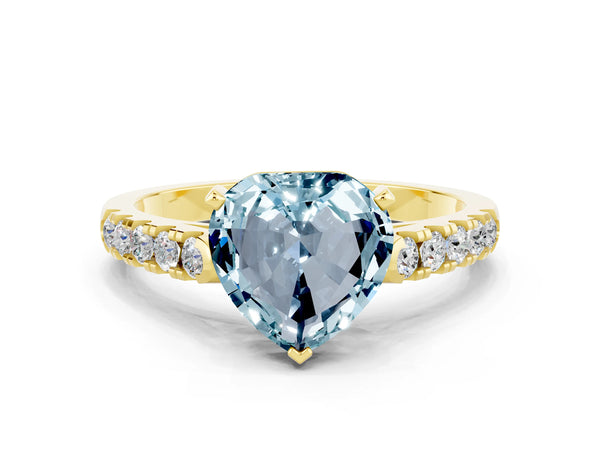 Yellow gold Heart Cut Aquamarine Pavé Band Solitaire Ring with Prong Setting