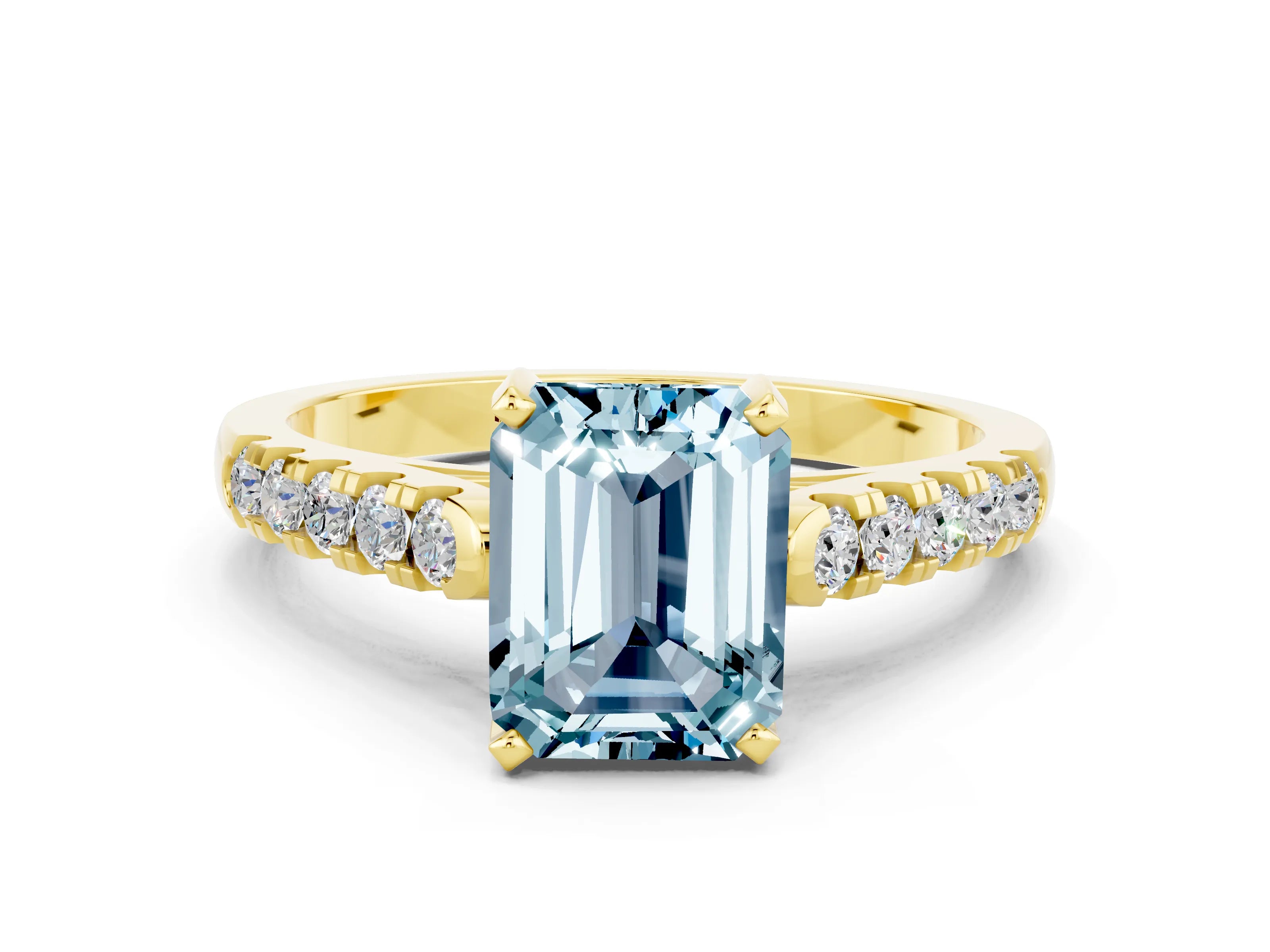 Yellow gold {shape_name} Aquamarine Solitaire Ring with Pavé Band and Four-Prong Setting