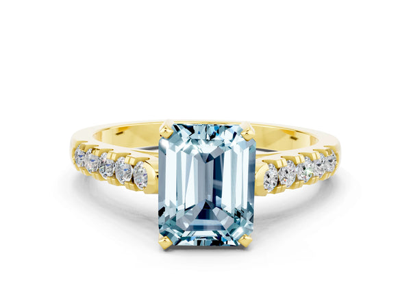 Yellow gold Emerald Cut Aquamarine Pavé Band Solitaire Ring with Prong Setting